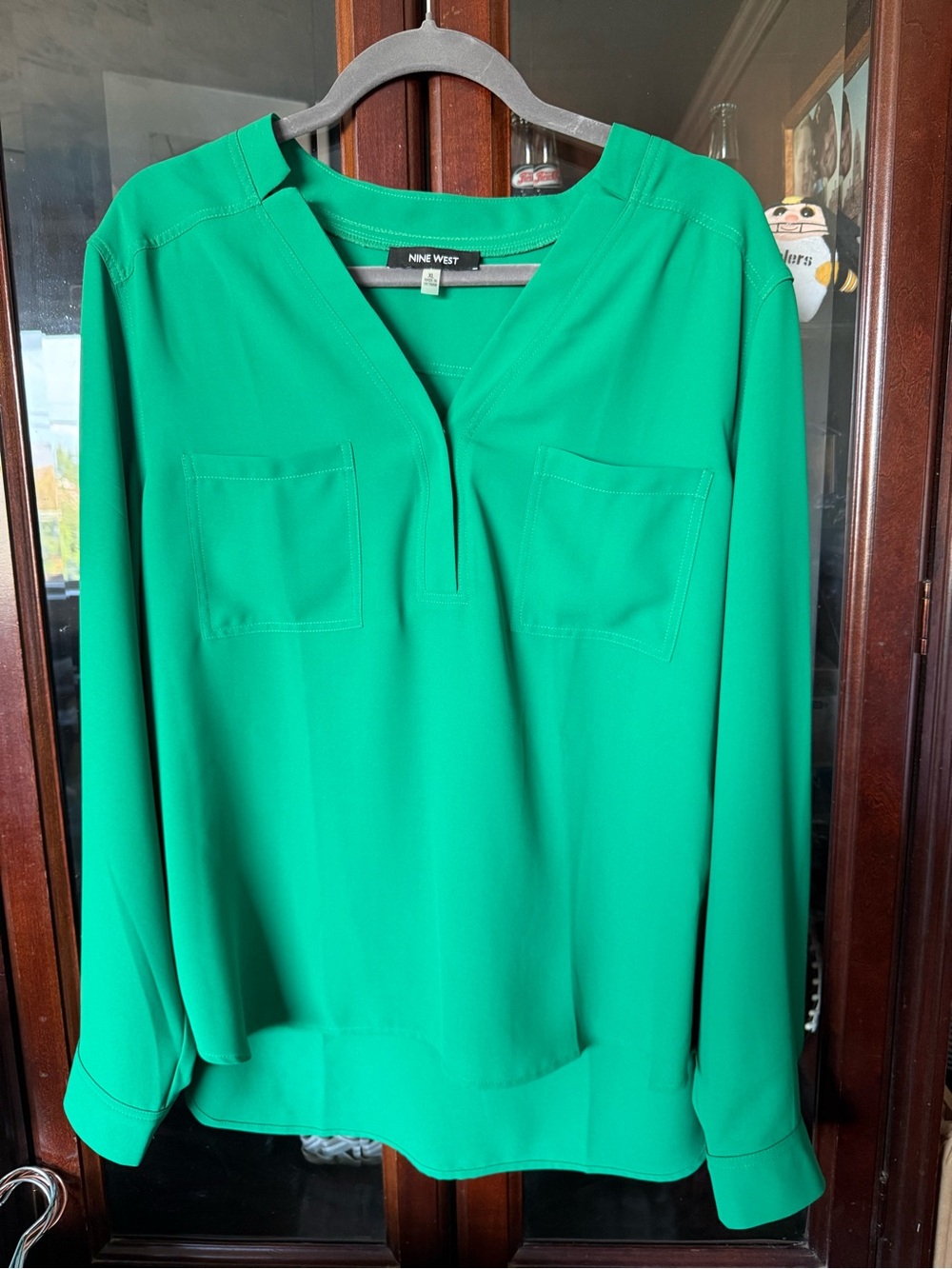 Nine West Emerald Green Split V-Neck Long Sleeve Blouse